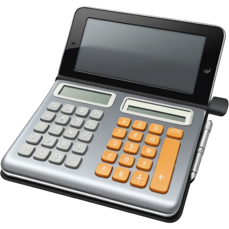 Minimalistic flat vector icon, iOS style, thin black contour on white background. Small black notebook with visible binding, placed next to a calculator. Clean, modern, no text, no shadows. emoji