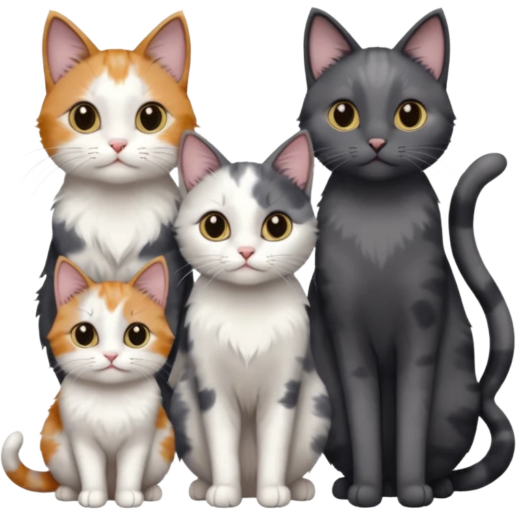 3 different coloured small cats including a dark grey and white, and a patchy calico and a completely solid dark grey with only white paws emoji