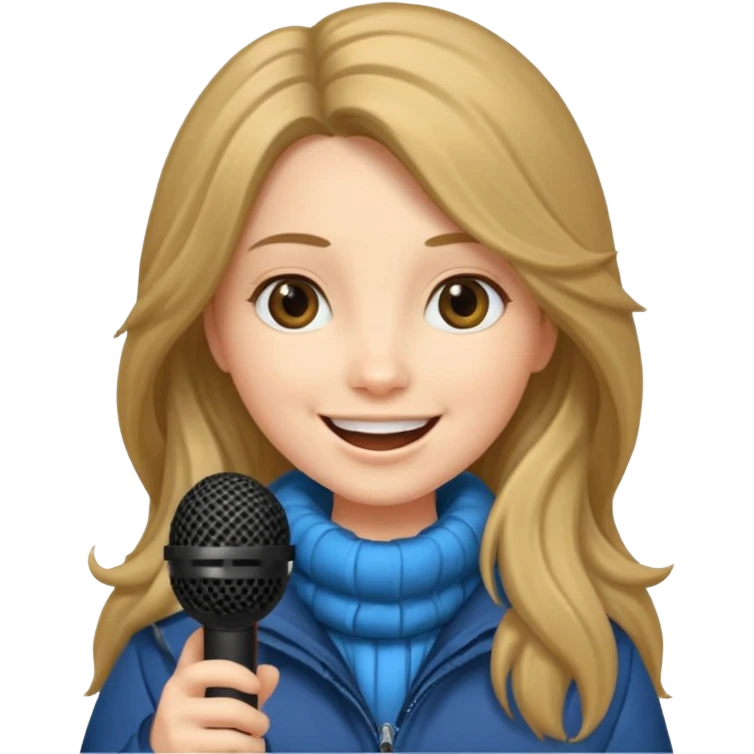 long haired woman with winter clothes holding microphone emoji
