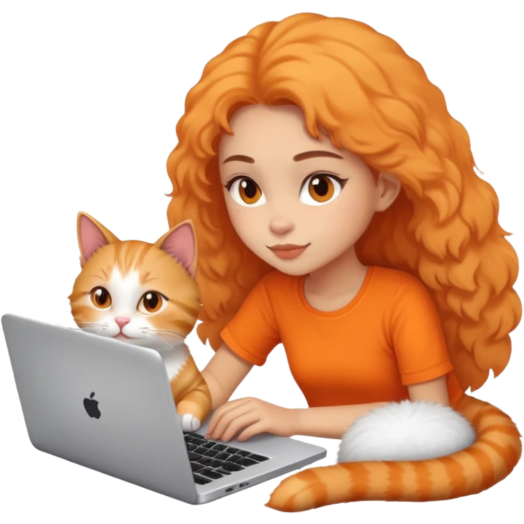 A girl is working on a laptop with a cat lying next to it emoji