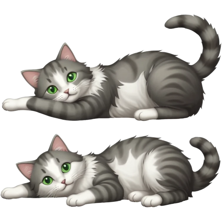 grey and white cat with green eyes doing a big extremely long stretch reaching up into the air with arms and legs side by side together straight and overextended whilst lying on its side emoji