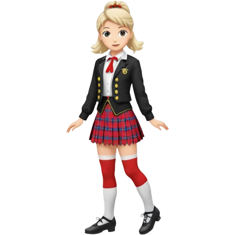 Highland dancing argyle just over the knee socks, blouse, highland dancing jacket, tartan miniskirt and highland dancing shoes emoji