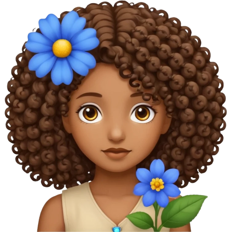 Qro uma moça morena de cabelo cacheado com uma flor azul no cabelo emoji