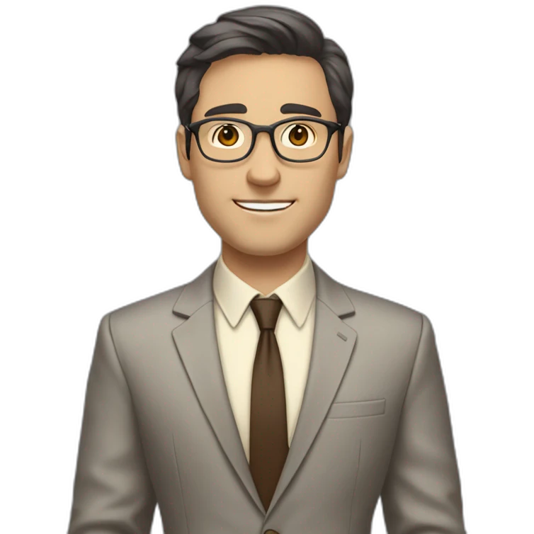 Full height Actively gesturing with hands Pale skinned fit man with dark brown hair in gray jacket, beige office shirt, brown tie, brown pants and vintage glasses. emoji