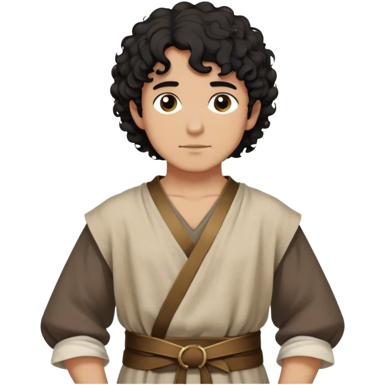 medieval outfit worn by a DnD themed fantasy character. basic loose linen tunic with a sash tied around the waist. clothes only above the waist. The clothes full waist. The character's haven't arms. character is short curly black hair dark brown eyes tan-skinned man. emoji