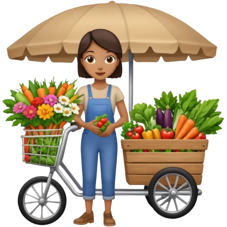 Shopper with flower bouquet,Farmers’ Market, background veggies cart. emoji