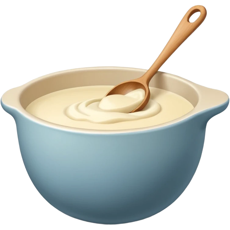 a cream ceramic mixing bowl with a wooden spoon stirring emoji