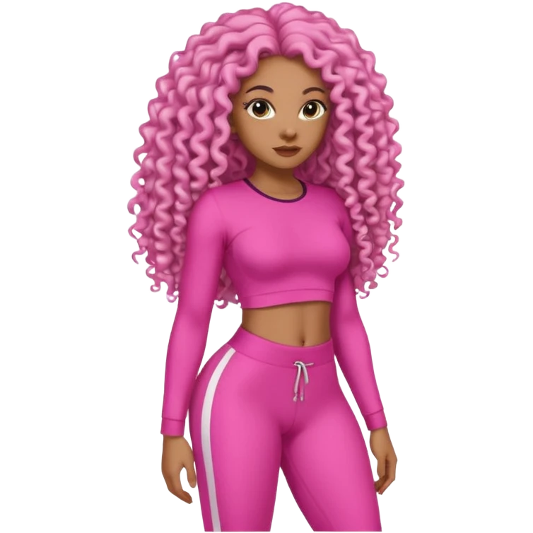 Uma mulher negra da pele clara com cabelo cacheados bem longo até a bunda  sem tanto volume no cabelo e um corpo atlético com roupa rosa  emoji