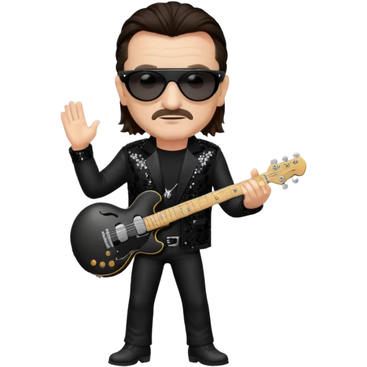 Bono with long dark brown hair, black sequin tour outfit emoji