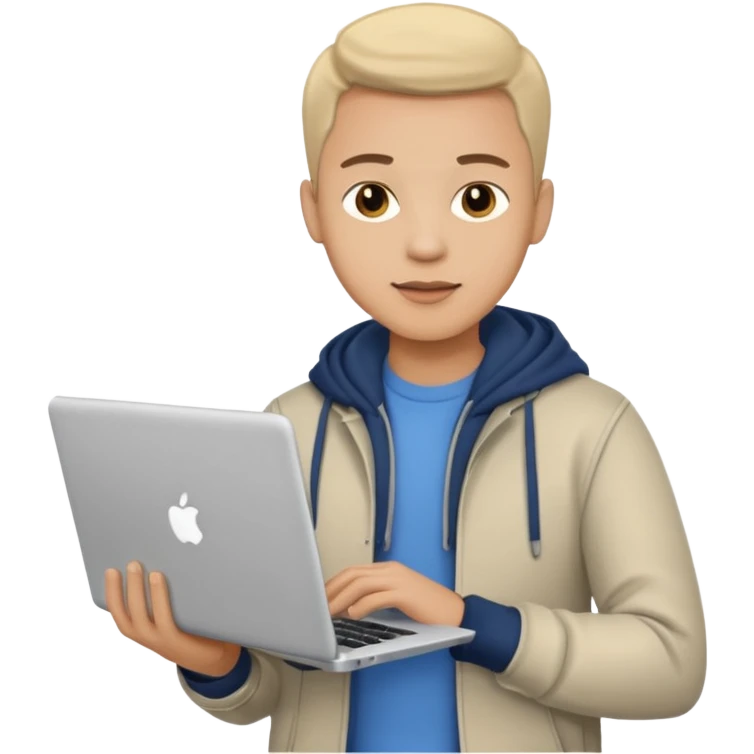A typical IT specialist, a guy who looks stylish, has a laptop in his hands, he wears casual clothes  emoji