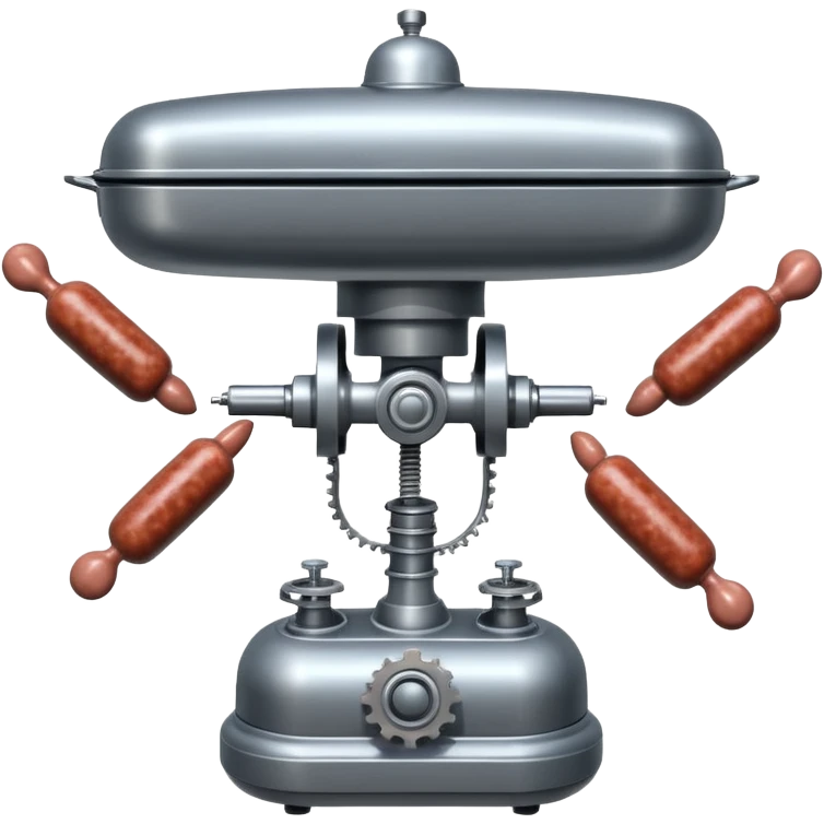 sausage-processing droid. retro-futuristic style. top is a circular industrial meat grinder with rotating gears and blades. Two robotic arms feed material into grinder. Sausage links extrude from the rear like  factory. The body is metallic, compact, and floats above the ground.no legs. Dark humor emoji
