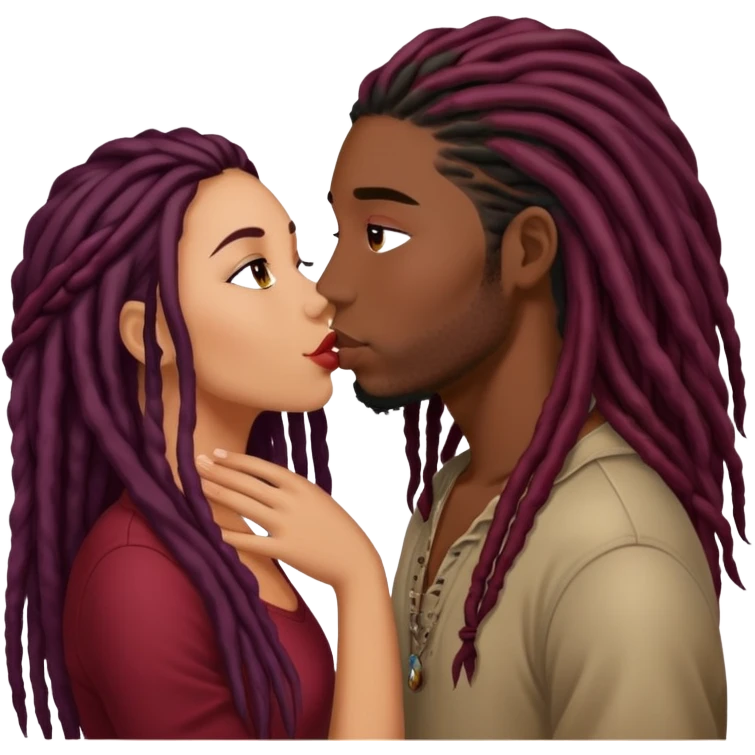 Dark Wine colored hair Latina long hair, kissing young black guy with dreads emoji