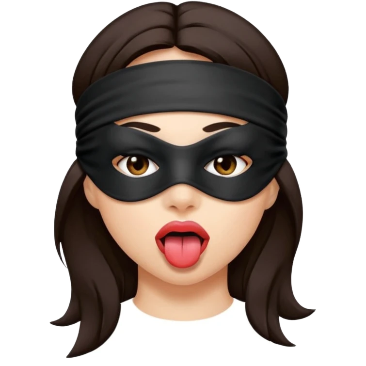 woman with dark brown hair wearing black fabric over eyes with tongue out emoji