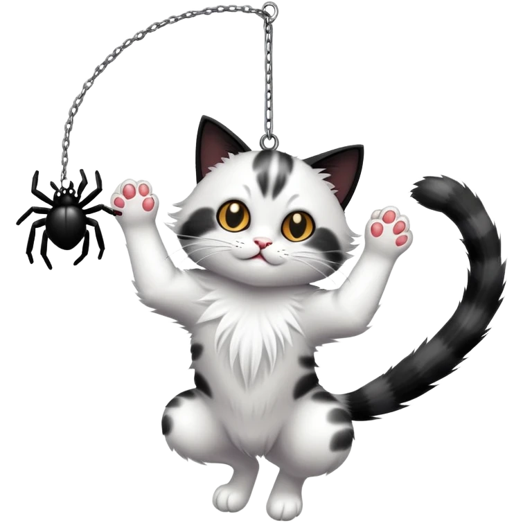 A playful cat batting at a dangling spider with its paw fully extended emoji