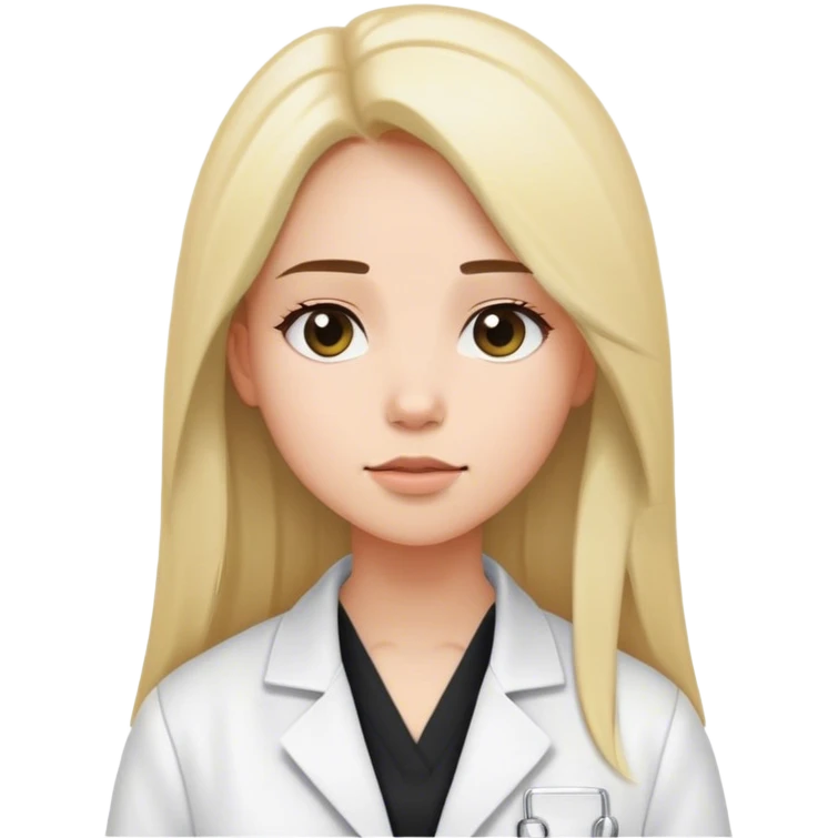 A young woman dressed in a white lab coat over a black top, with long, straight hair framing her face. Her expression is calm. . Soft lighting adds warmth to the scene, highlighting her features and creating an approachable atmosphere.  emoji