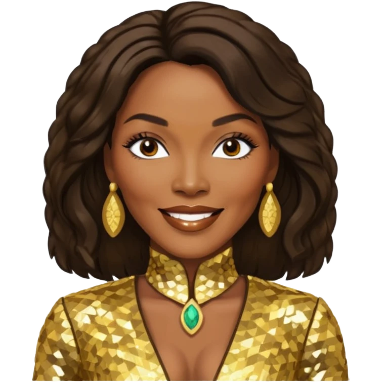 Angela Bassett with long dark brown hair, gold sequin outfit emoji