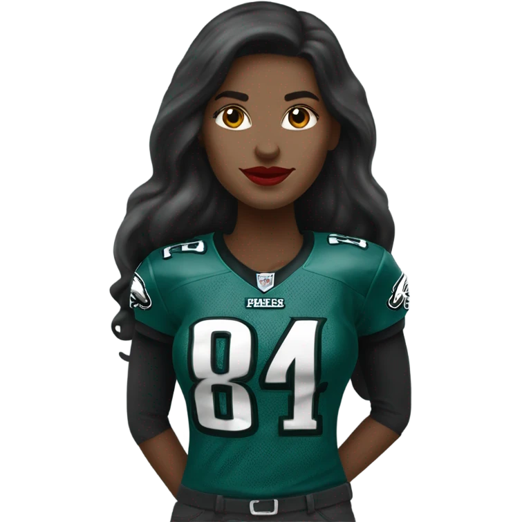 White female long dark hair red lips wearing Philadelphia Eagles jersey emoji