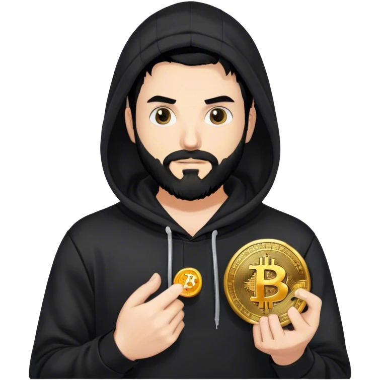 hackeur blanc cheveux noir barbe et capuche noir avec un bitcoin emoji