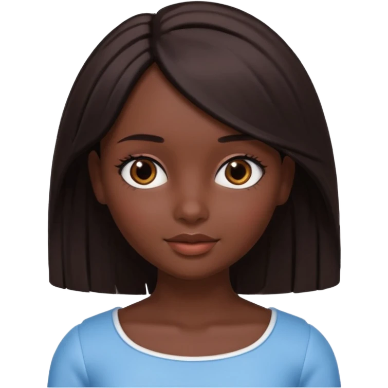 Boneca digital em estilo 3D realista e fofo, semelhante a uma boneca colecionável. Mulher jovem com pele negra, olhos castanhos escuros, cabelo liso cor chocolate, longo e bem alinhado.  emoji