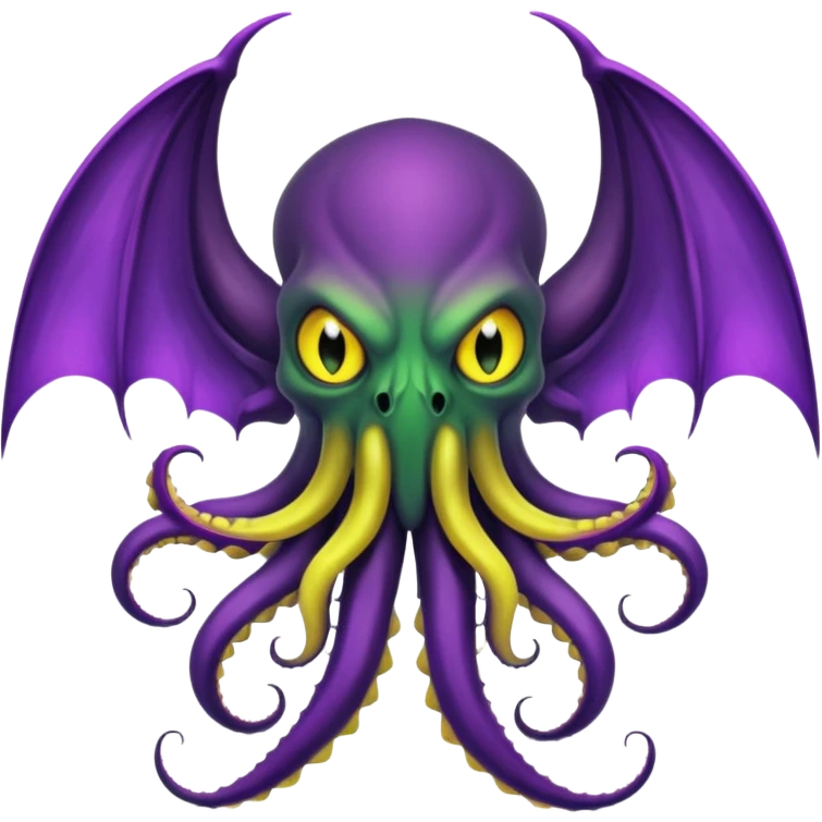 deep green Cthulhu with purple bat wings and purple gradient tentacles. Yellow angry eyes. yellow suckers on tentacles. dramatic ominous shading. two saber-teeth emoji