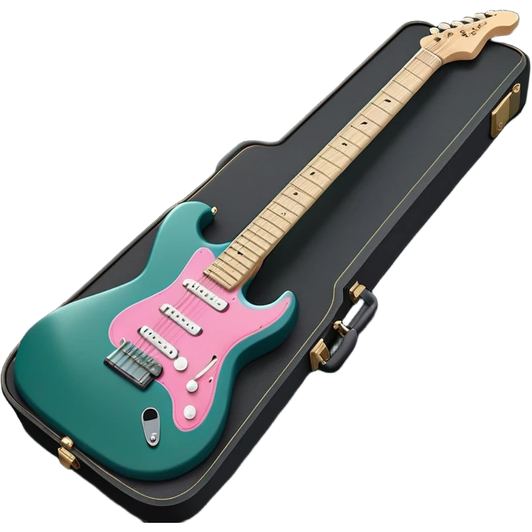 minimalist electric guitar in dark green with pink and blue stripe decal, closed inside a black rectangular hard case with gold latches, flat semi-3D style, soft matte textures, simplified details, stylized decal accent, ready-to-play symbol emoji