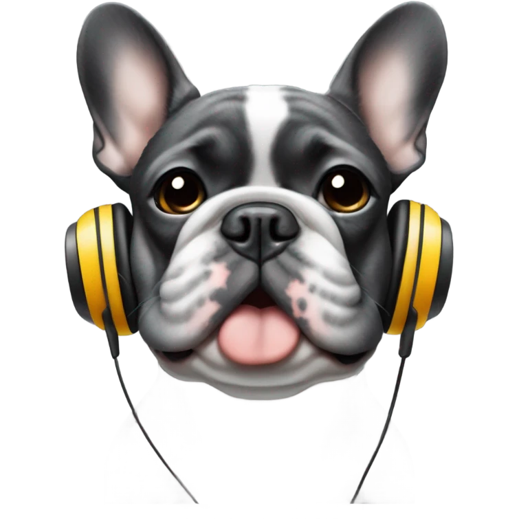 Grey hairs under chin Black less white Brindle French bulldog wearing headphones emoji
