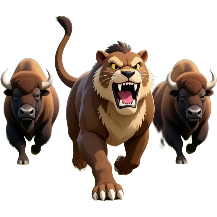 Smilodon angry running in the forest with defensive bison herd chasin it emoji