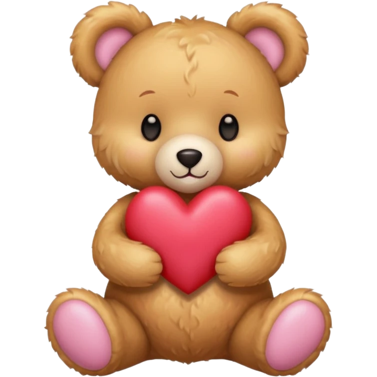 honey colored teddy bear with pastel pink bow holding a heart emoji