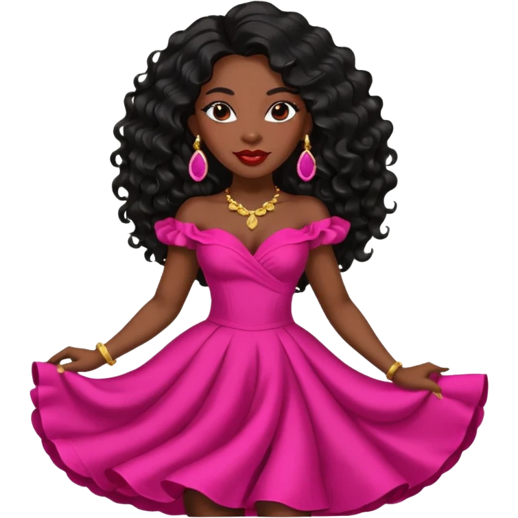 mature confident Black woman with long black wavy hair, pink lipstick, red dance dress, big earrings emoji
