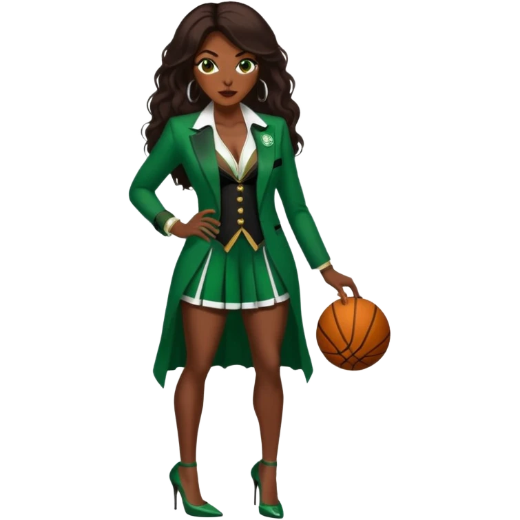 Bald white man with blue eyes and an orange beard, wearing a Jason Tatum jersey, jeans and green/white Nike sneakers. 

48-year-old dark skin black woman with brown eyes and long dark brown hair is dressed in sexy Boston celtics outfit & wearing stilettos. emoji