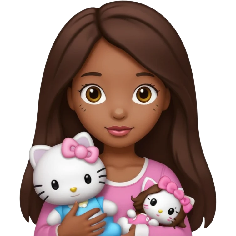 black girl with long brown hair, holding a hello kitty plushie  emoji
