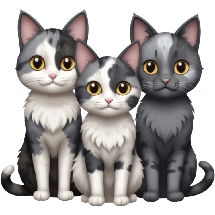 3 different coloured small cats including a dark grey and white, and a patchy calico and a completely solid dark grey with only white paws emoji