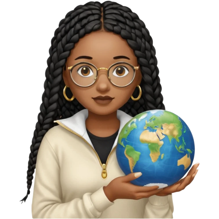 a young woman wearing fine gold round glasses and black hair in several box braids, no earrings, she has light black skin, and she's wearing a white shirt with a black quarterzip sweater. She's holding a globe in one hand emoji