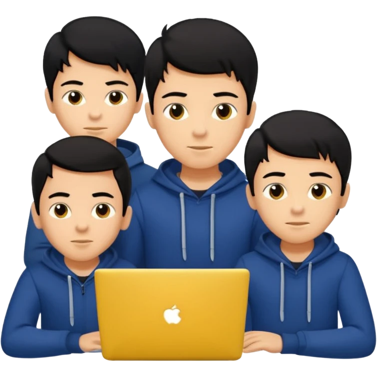 technologist using laptop coding with 2 other technologist color yellow three of it is boy  that using 3 laptop the hair is black and the cloth is dark blue emoji