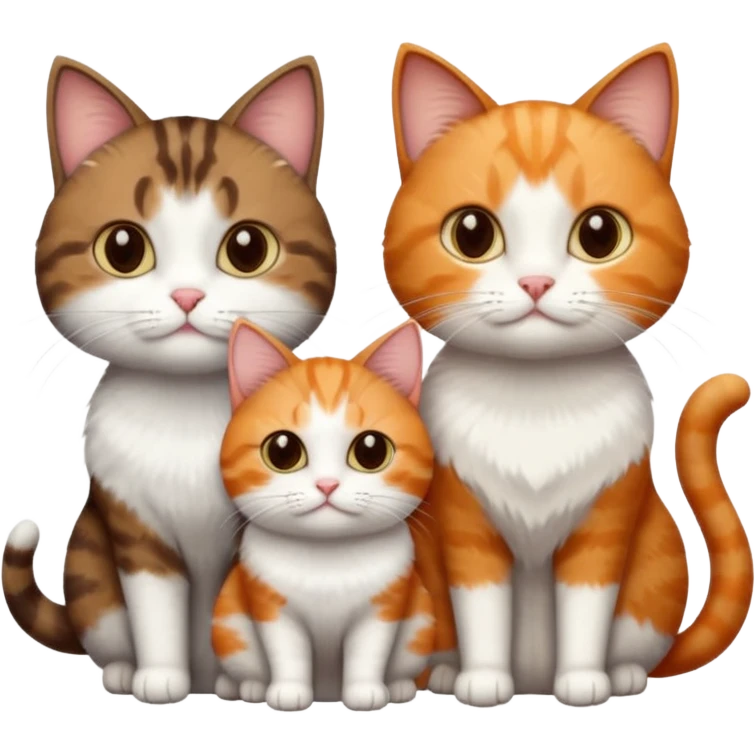3 different coloured short haired cats including; a dark brown tabby and white cat, and a dark grey and white and a ginger and white emoji