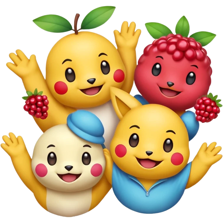 Three Pokémon characters showing kindness and teamwork. One Pokémon is handing a berry to another, while the third Pokémon is cheering and clapping happily. They look joyful and friendly, standing close together in a bright, colorful cartoon scene. The style is cute, playful, and emoji-like. emoji