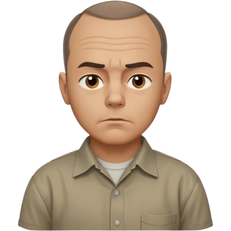 Carl from Sling Blade, serious expression, recognizable features, chin sticking out, slouching posture, no glasses, shirt with collar,  side view,show his entire body, he is standing. three-quarter face angle. He sticks his head forward. not apple style emoji emoji