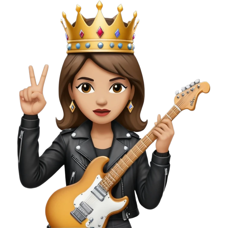 A rock and roll queen with a crown, electric guitar, and leather jacket making a rock gesture emoji