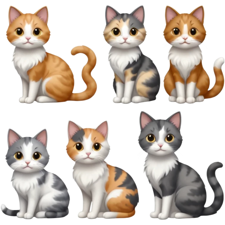 6 realistic looking cats with different natural coloured coats, assorted grey and white, greys, calico, brown and white colours etc
 emoji