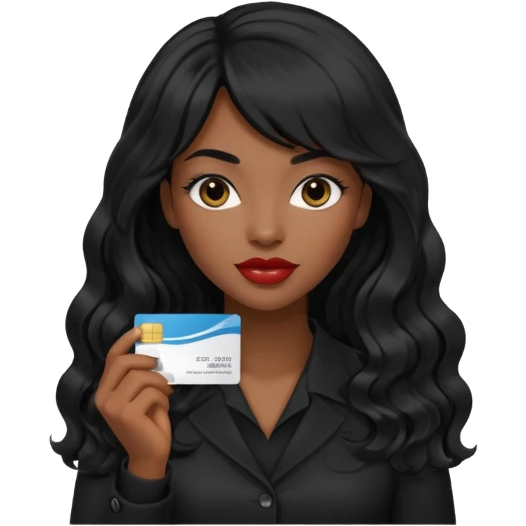 A young woman with long black hair, a wavy frange falling on half of her head.  She's black, medium to dark skinned with thick lips. She's holding something that let's us know she's the CEO of a creative agency, but she's wearing black casual clothes. she has long eyelashes. emoji