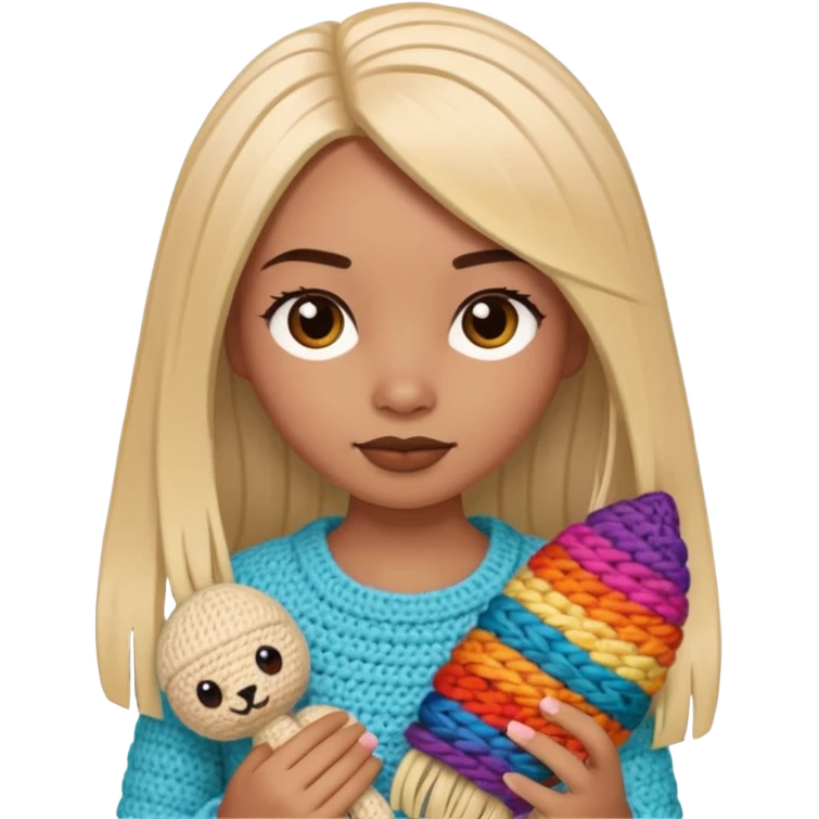 Pegatinas de Mujer con pelo lacio  tejiendo un amigurumi  emoji