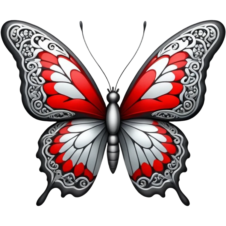 butterfly black and silver with intricate red and white patterns  emoji