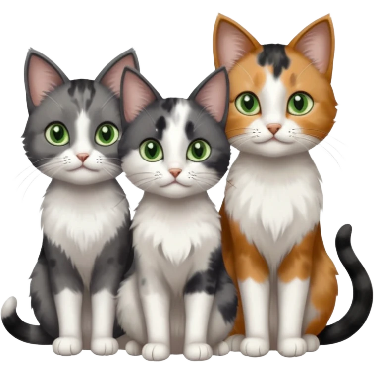3 different coloured small cats including a dark grey and white, and a patchy calico and a completely solid dark grey with green eyes and only white paws emoji