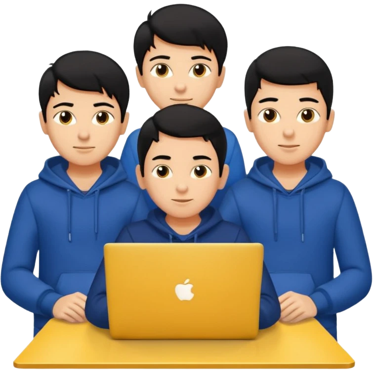 technologist using laptop coding with 2 other technologist color yellow three of it is boy  that using 3 laptop the hair is black and the cloth is dark blue emoji