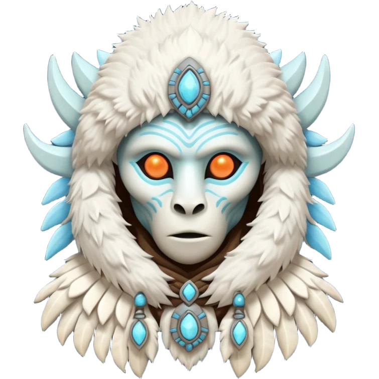 ancient arctic alien shaman portrait, head and shoulders only, Inuit-inspired fur hood, carved bone ornaments, glowing cosmic eyes, icy alien skin, spiritual sci-fi vibe, 3D cartoon, mobile game icon style, clean background, no text, no watermark


 emoji