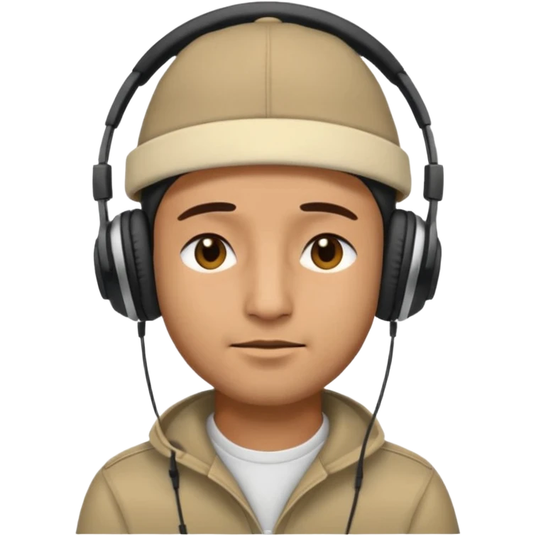 Half body man wearing topi and headphones, eyes closed, realistic emoji style. emoji