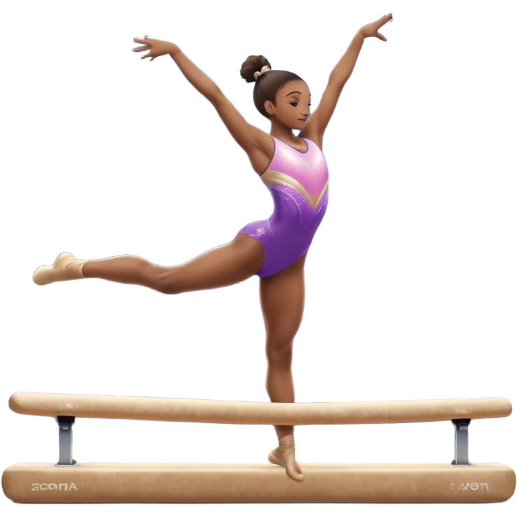 A gymnast performing a flawless routine on the balance beam, showcasing strength and grace. The scene captures the precise, elegant movement with perfect balance and form. The background features a gymnastics arena with vibrant lighting and cheering crowds, emphasizing athleticism and poise. emoji