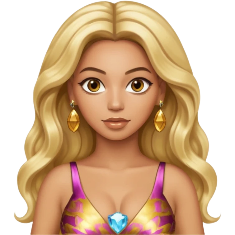 Beyonce hazel eyes, platinum blonde long hair, gold dress with earrings emoji
