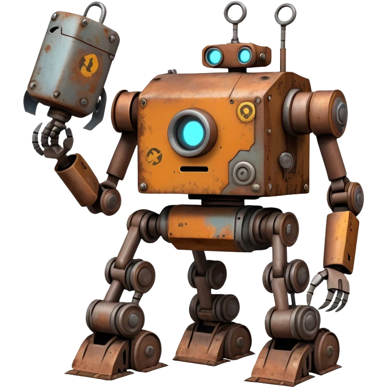 Rusted scavenger robot with patchwork body plates and collection tools attached emoji