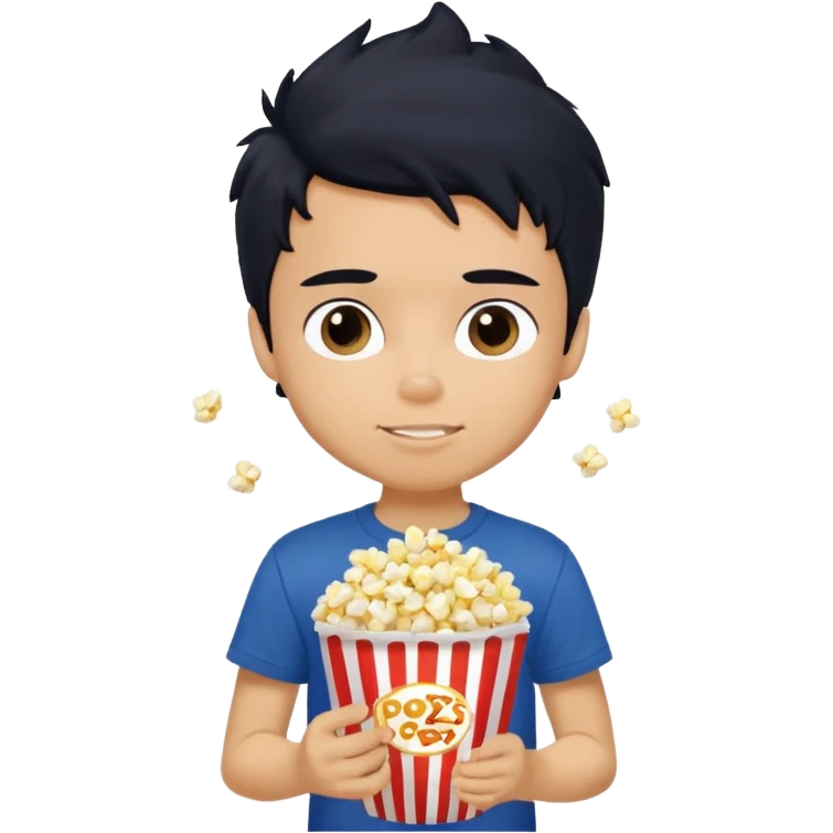 generate a pretty tan bratz boy with a dark blue tshirt on. eating popcorn. messy black hair emoji